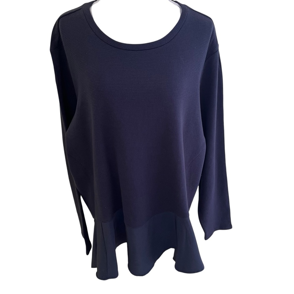 DG2 by Diane Gilman Navy Blue Waffle Knit Top with Satin Ruffle 3X